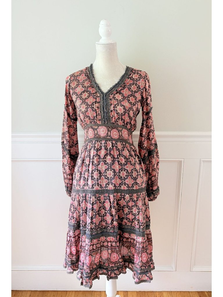 Alicia Bell Silk Cotton Blend Lace Trim Dress Pink Brown Boho Print S